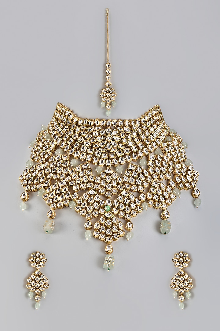 Gold Plated Kundan Polki & Green Beaded Necklace Set by Minaki at Pernia's Pop Up Shop