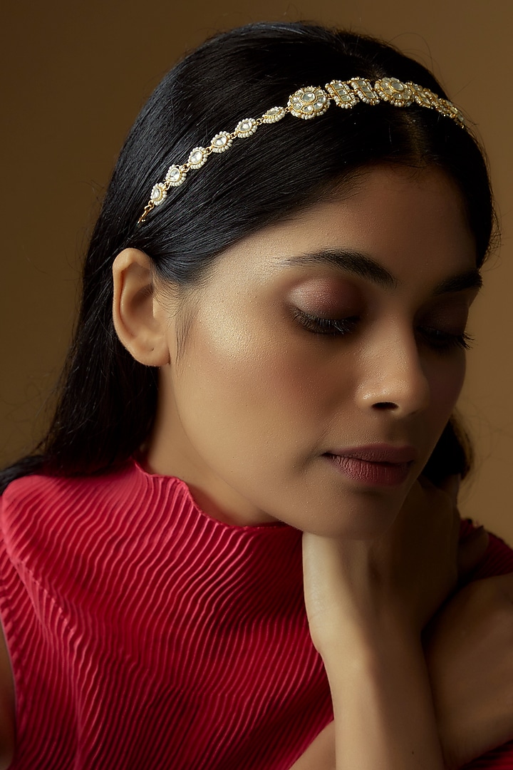 Gold Plated Kundan Polki & Pearl Mathapatti by Minaki at Pernia's Pop Up Shop
