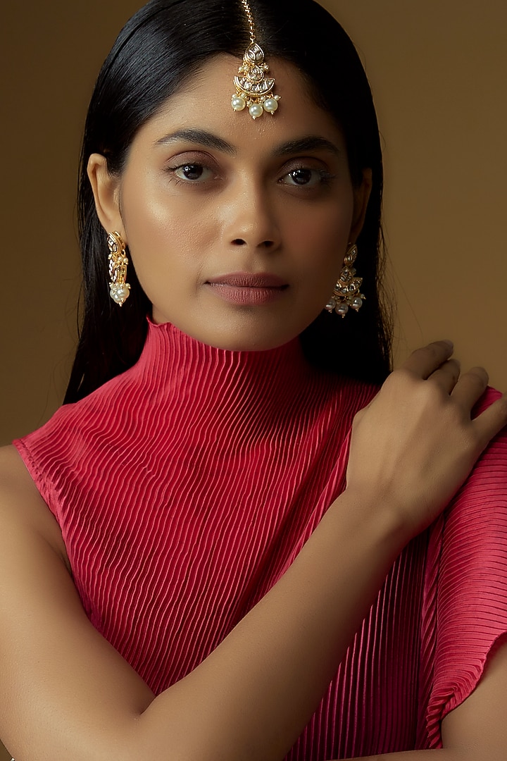 Gold Plated Kundan Polki & Pearl Maangtikka With Earrings by Minaki at Pernia's Pop Up Shop