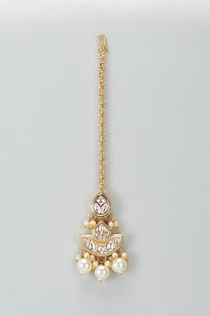Gold Plated Kundan Polki & Pearl Maangtikka With Earrings by Minaki at Pernia's Pop Up Shop