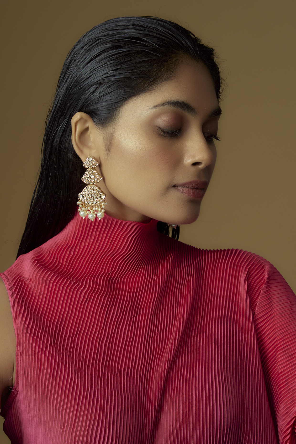 Gold Plated Kundan Polki & Pearl Dangler Earrings by Minaki at Pernia's Pop Up Shop