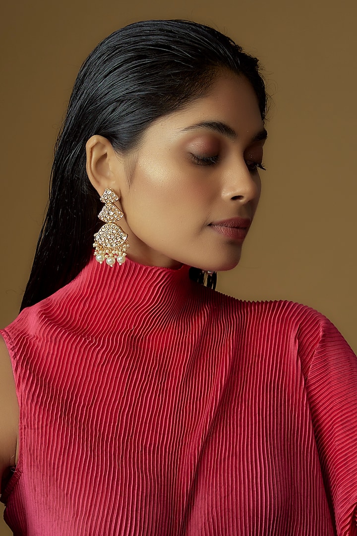 Gold Plated Kundan Polki & Pearl Dangler Earrings by Minaki at Pernia's Pop Up Shop