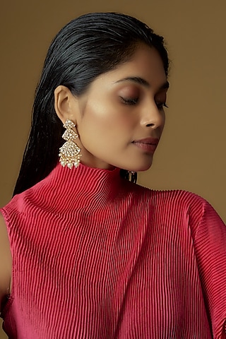 Gold Plated Kundan Polki & Pearl Dangler Earrings by Minaki