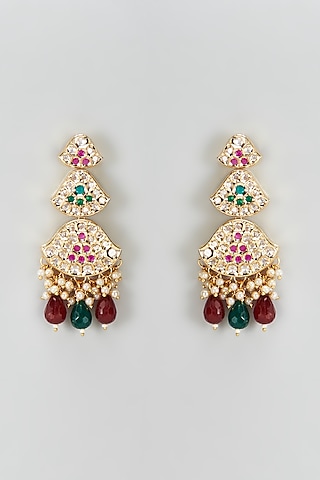 Gold Plated Kundan Polki & Beaded Dangler Earrings by Minaki