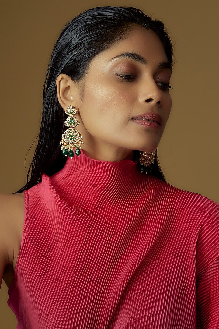 Gold Plated Kundan Polki & Beaded Dangler Earrings by Minaki at Pernia's Pop Up Shop