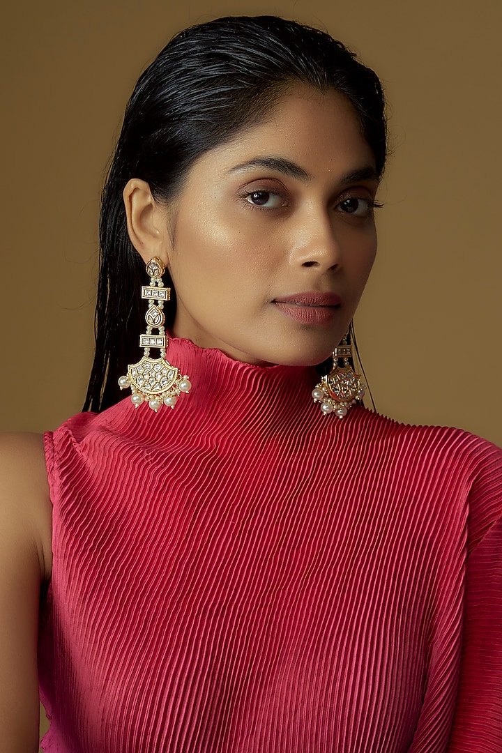 Gold Plated Kundan Polki & Pearl Dangler Earrings by Minaki at Pernia's Pop Up Shop