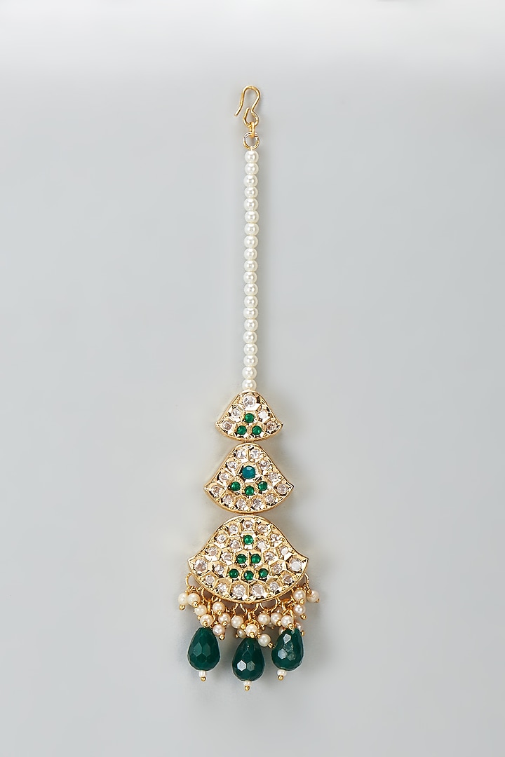 Gold Plated Kundan Polki & Emerald Stone Maangtikka by Minaki at Pernia's Pop Up Shop