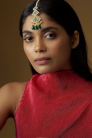 Gold Plated Kundan Polki & Emerald Stone Maangtikka by Minaki