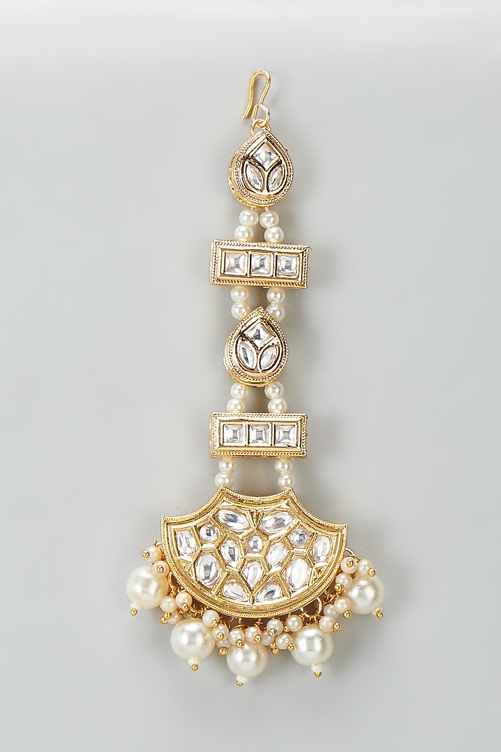 Gold Plated Kundan Polki & Pearl Maangtikka by Minaki at Pernia's Pop Up Shop