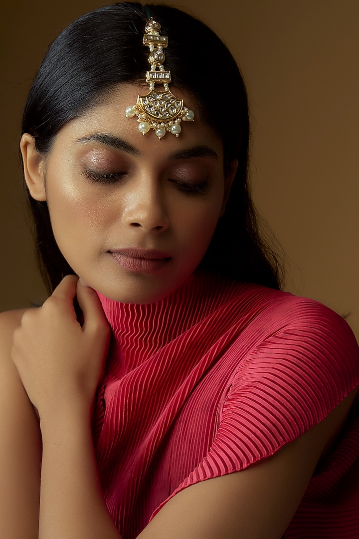 Gold Plated Kundan Polki & Pearl Maangtikka by Minaki at Pernia's Pop Up Shop