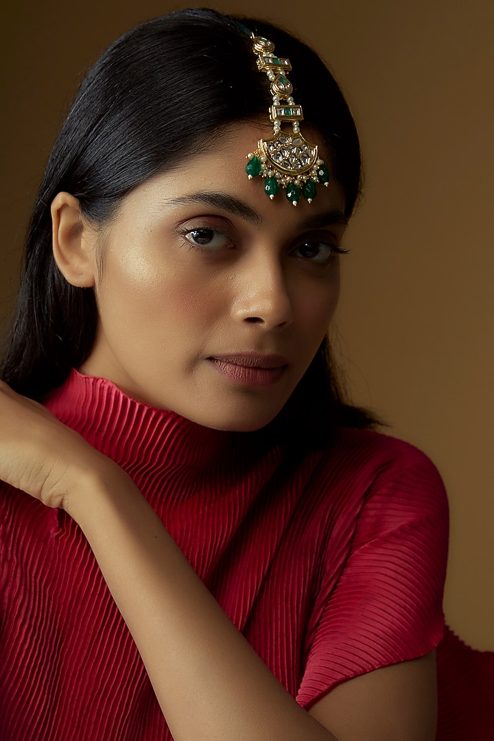 Gold Plated Kundan Polki & Emerald Stone Maangtikka by Minaki at Pernia's Pop Up Shop