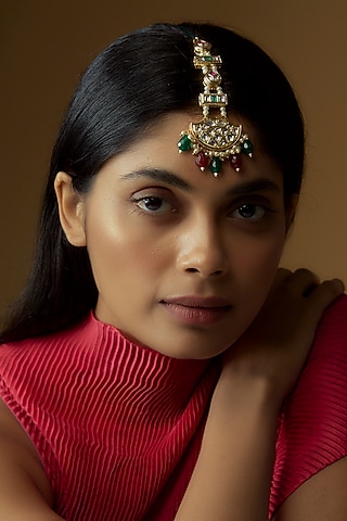 Gold Plated Kundan Polki & Stone Maangtikka by Minaki