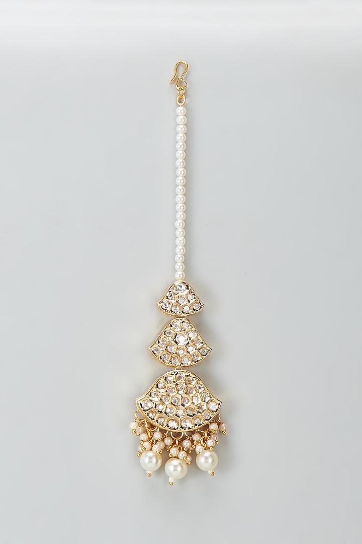Gold Plated Kundan Polki & Pearl Maangtikka by Minaki at Pernia's Pop Up Shop