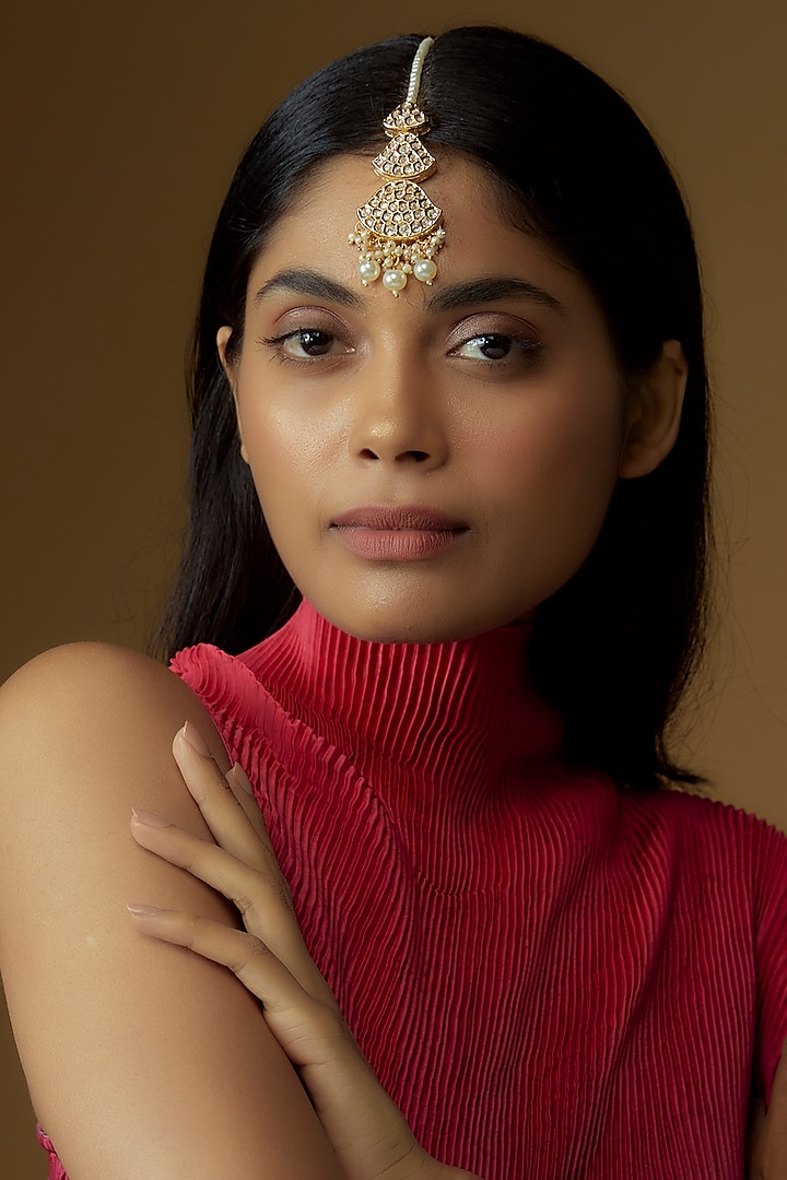 Gold Plated Kundan Polki & Pearl Maangtikka by Minaki at Pernia's Pop Up Shop