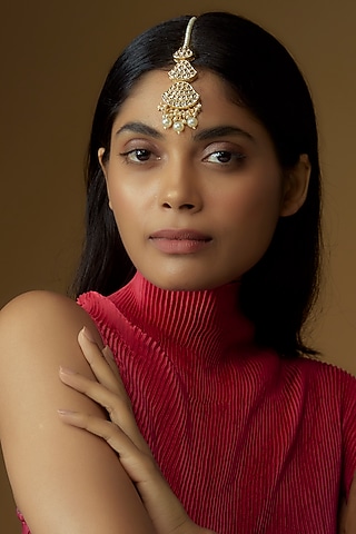 Gold Plated Kundan Polki & Pearl Maangtikka by Minaki