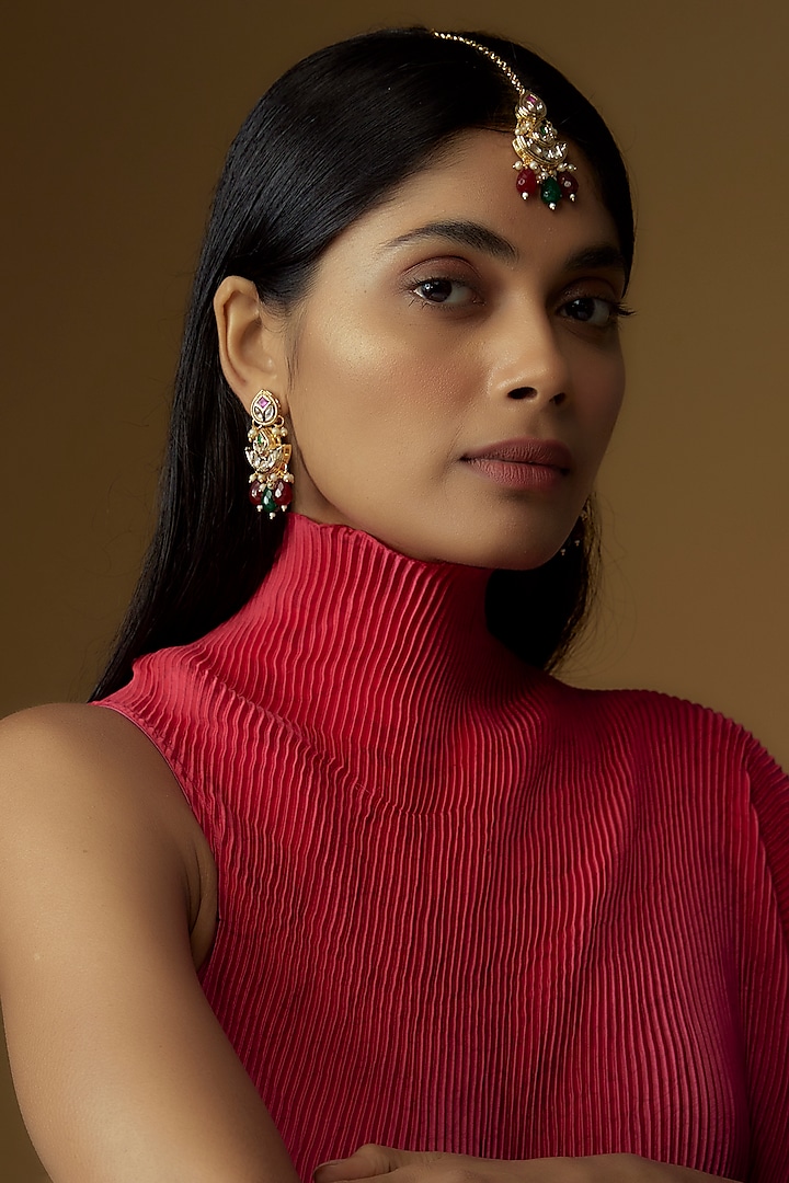 Gold Plated Kundan Polki & Pearl Maang Tikka With Earrings by Minaki at Pernia's Pop Up Shop