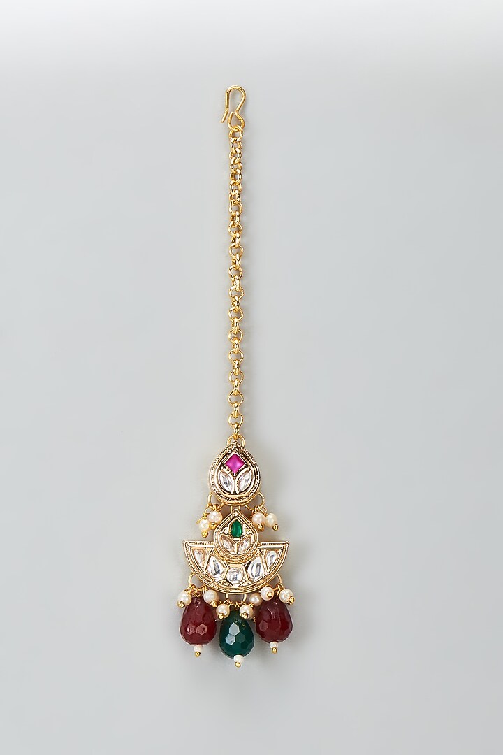 Gold Plated Kundan Polki & Pearl Maang Tikka With Earrings by Minaki at Pernia's Pop Up Shop