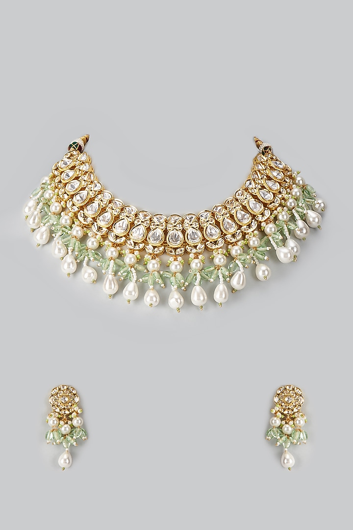Gold Plated Kundan Polki & Green Fluorite Beaded Necklace Set by Minaki at Pernia's Pop Up Shop