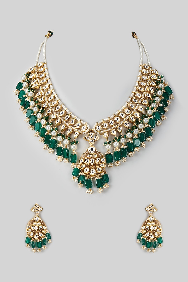 Gold Plated Kundan Polki & Emerald Beaded Necklace Set by Minaki at Pernia's Pop Up Shop