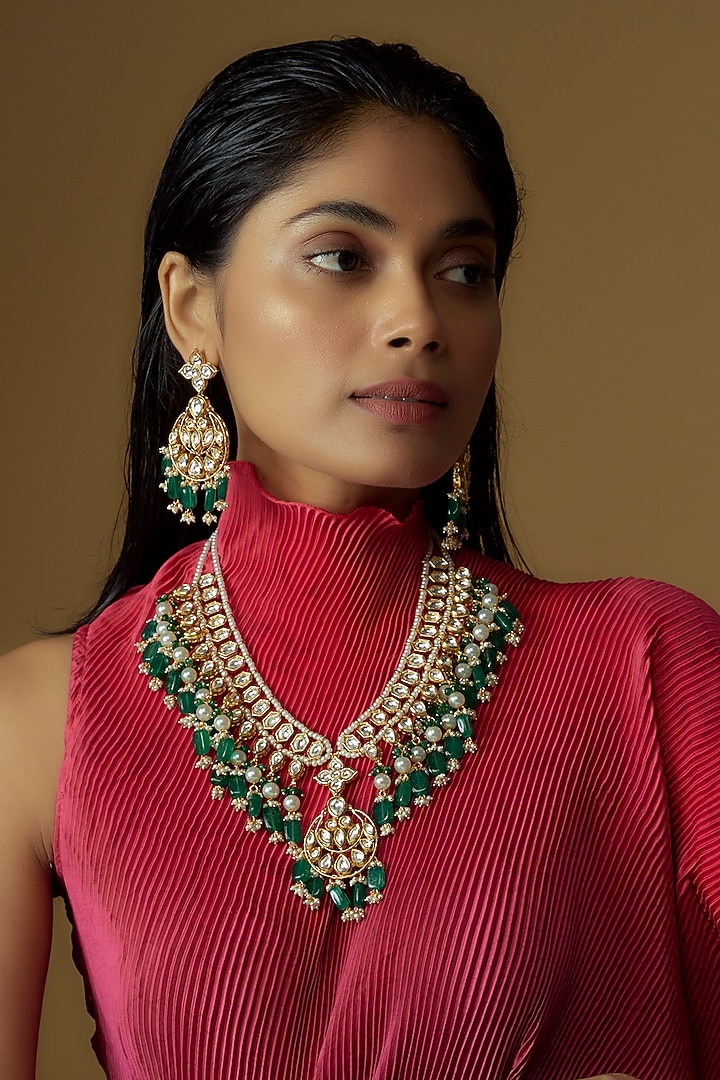 Gold Plated Kundan Polki & Emerald Beaded Necklace Set by Minaki at Pernia's Pop Up Shop