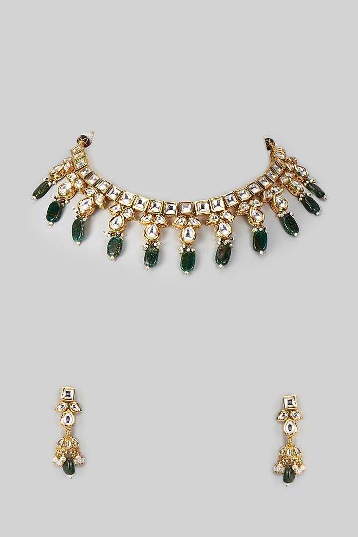 Gold Plated Kundan Polki & Green Natural Stone Necklace Set by Minaki at Pernia's Pop Up Shop