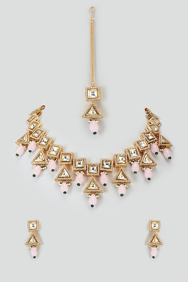 Gold Plated Kundan Polki & Pink Beaded Necklace Set by Minaki at Pernia's Pop Up Shop