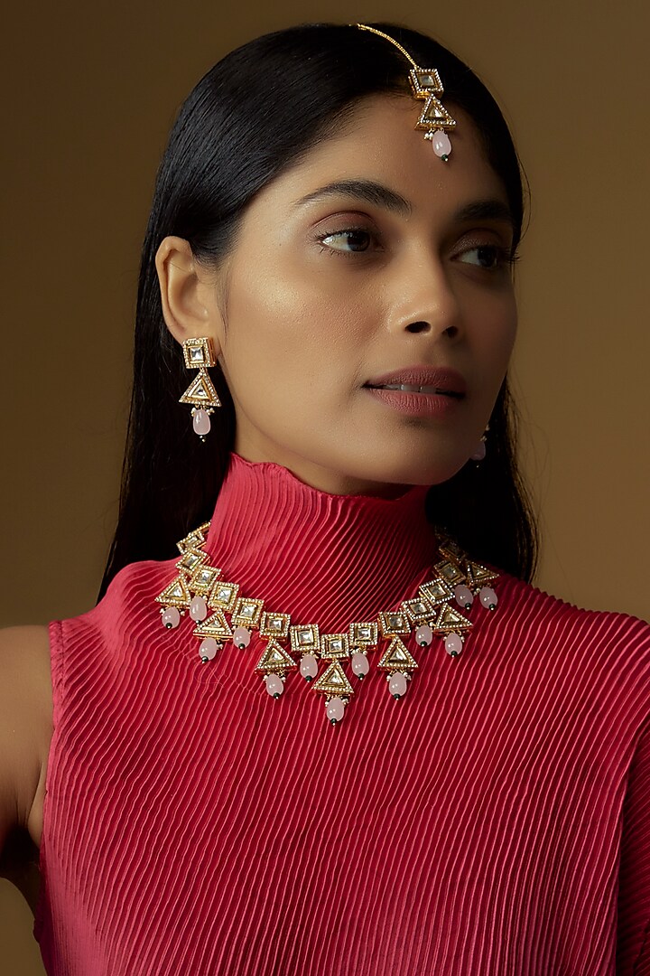 Gold Plated Kundan Polki & Pink Beaded Necklace Set by Minaki at Pernia's Pop Up Shop