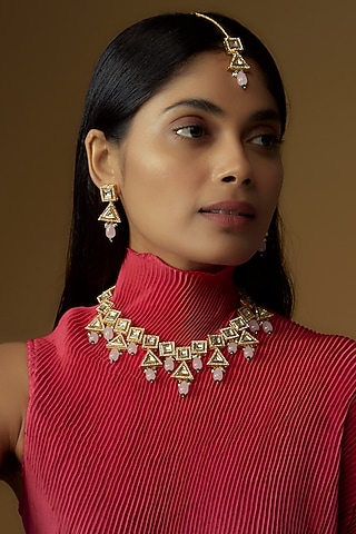 Gold Plated Kundan Polki & Pink Beaded Necklace Set by Minaki