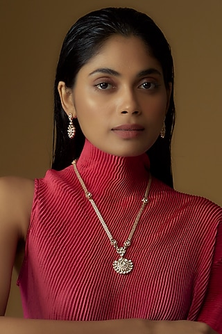 Gold Plated Kundan Polki Pendant Necklace Set by Minaki