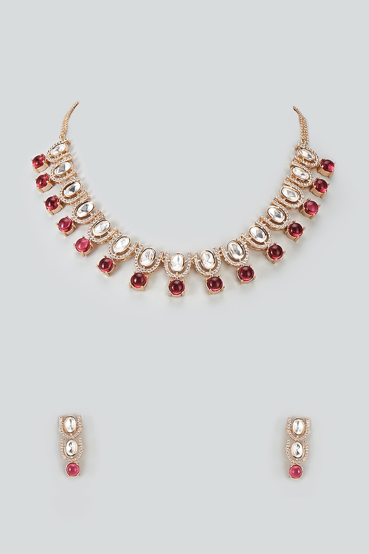 Gold Plated Zircon & Ruby Stone Necklace Set by Minaki at Pernia's Pop Up Shop