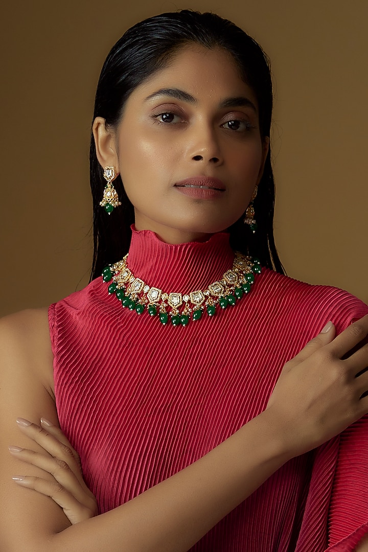 Gold Plated Zircon & Emerald Beaded Necklace Set by Minaki at Pernia's Pop Up Shop