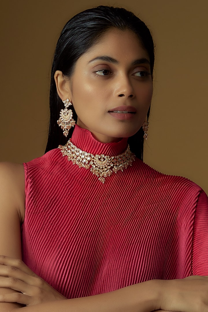 Gold Plated Kundan Polki & Beaded Meenakari Necklace Set by Minaki at Pernia's Pop Up Shop
