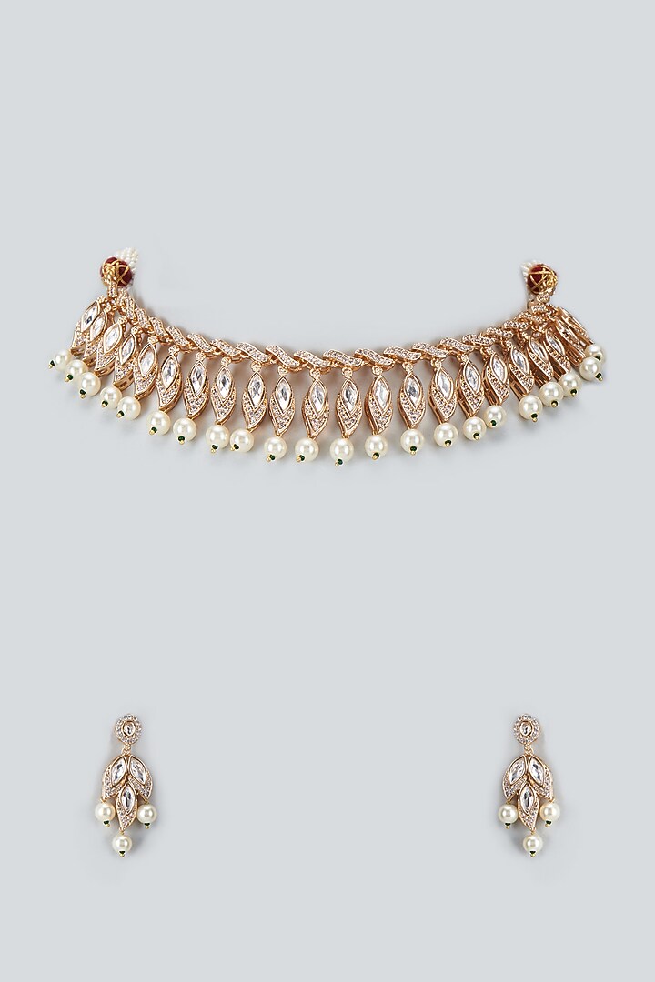 Rose Gold Plated Zircon & Pearl Necklace Set by Minaki at Pernia's Pop Up Shop