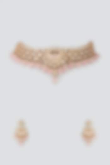 Gold Plated Kundan Polki & Pink Beaded Meenakari Necklace Set by Minaki
