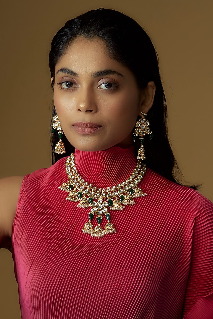 Gold Plated Kundan Polki & Pearl Necklace Set by Minaki at Pernia's Pop Up Shop