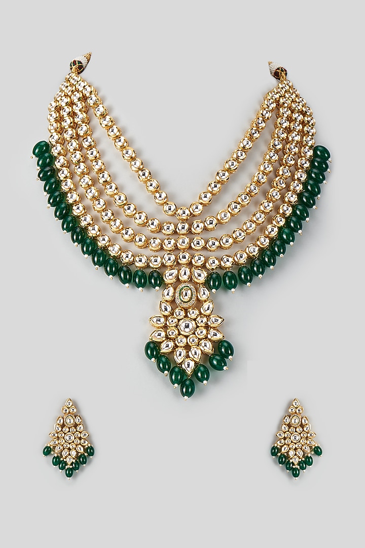 Gold Plated Kundan Polki & Emerald Beaded Layered Necklace Set by Minaki at Pernia's Pop Up Shop
