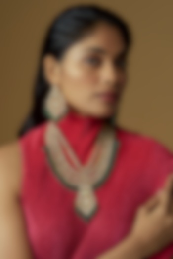 Gold Plated Kundan Polki & Emerald Beaded Layered Necklace Set by Minaki at Pernia's Pop Up Shop