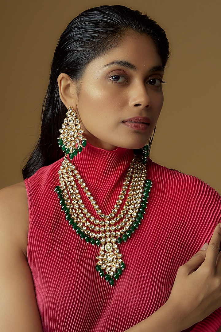 Gold Plated Kundan Polki & Emerald Beaded Layered Necklace Set by Minaki at Pernia's Pop Up Shop