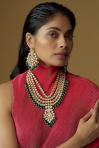 Gold Plated Kundan Polki & Emerald Beaded Layered Necklace Set by Minaki