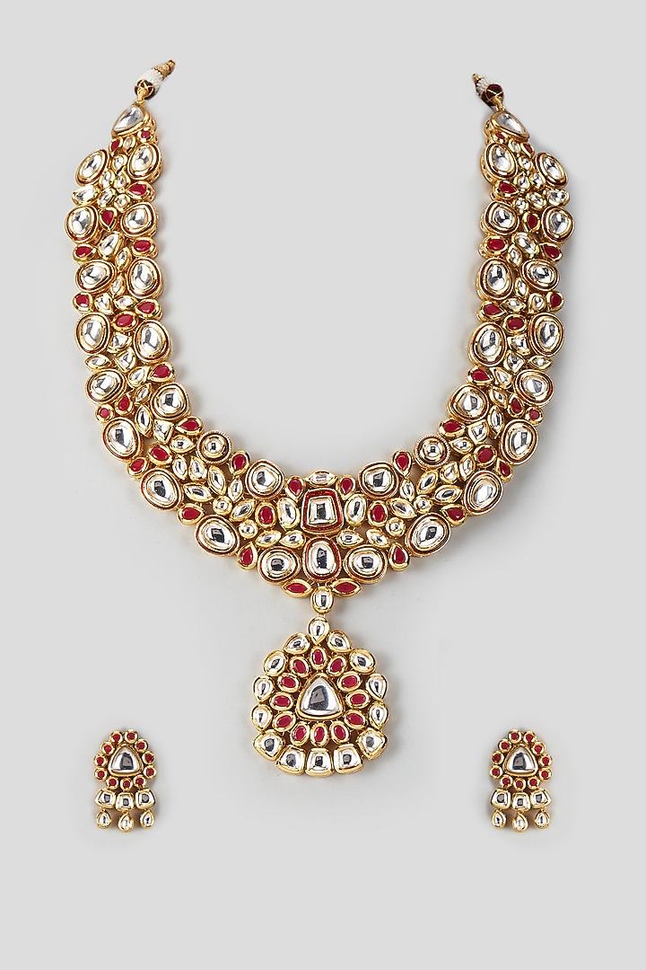 Gold Plated Kundan Polki & Ruby Kemp Stone Meenakari Necklace Set by Minaki at Pernia's Pop Up Shop