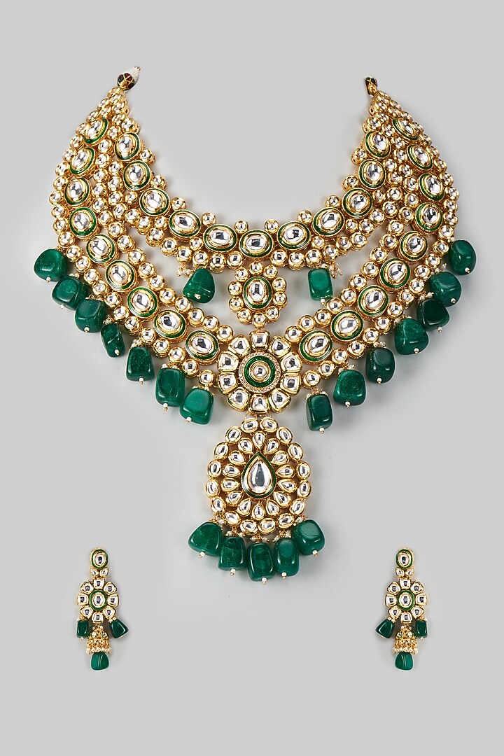 Gold Plated Kundan Polki & Emerald Beaded Layered Meenakari Necklace Set by Minaki at Pernia's Pop Up Shop