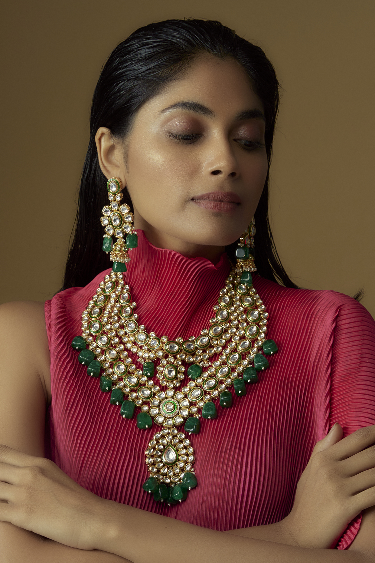 Gold Plated Kundan Polki & Emerald Beaded Layered Meenakari Necklace Set by Minaki at Pernia's Pop Up Shop