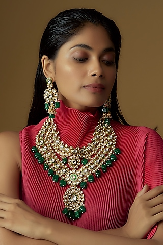 Gold Plated Kundan Polki & Emerald Beaded Layered Meenakari Necklace Set by Minaki