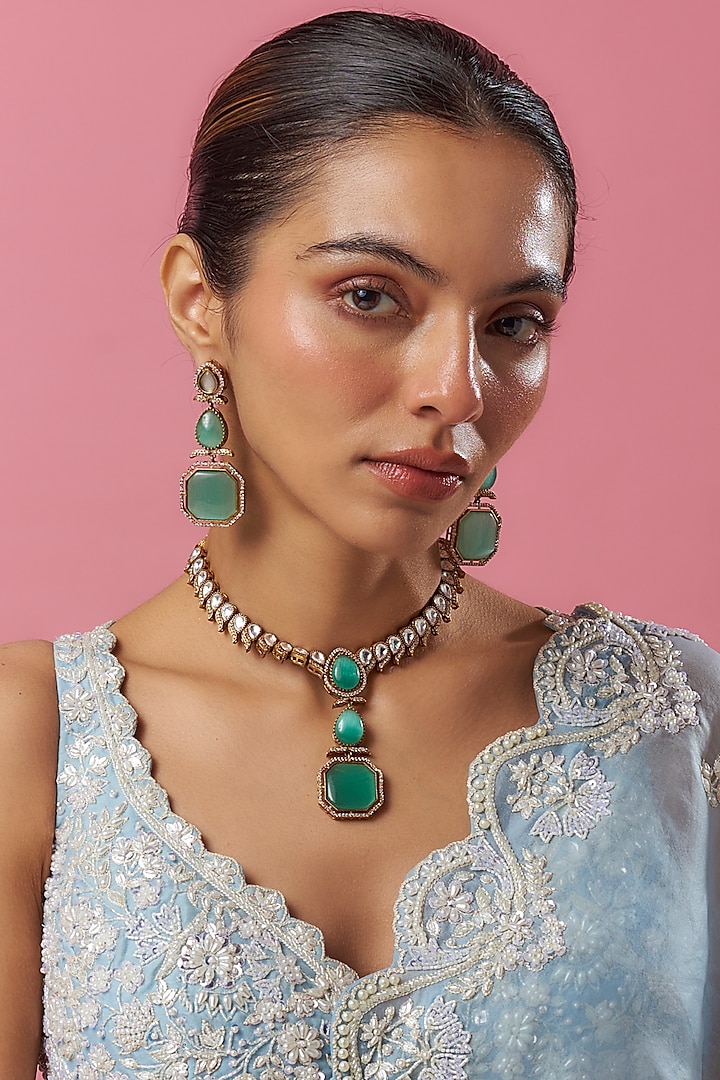 Two-Tone Finish Kundan Polki & Green Stone Necklace Set by Minaki at Pernia's Pop Up Shop