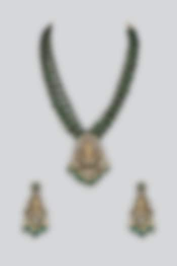 Two-Tone Finish Pearl & Green Beaded Layered Necklace Set by Minaki at Pernia's Pop Up Shop