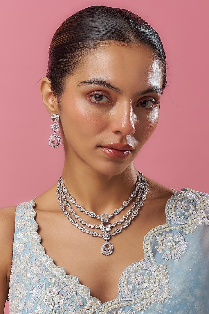 White Gold Finish Cubic Zirconia Layered Necklace Set by Minaki at Pernia's Pop Up Shop