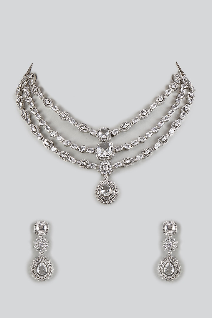 White Gold Finish Cubic Zirconia Layered Necklace Set by Minaki at Pernia's Pop Up Shop