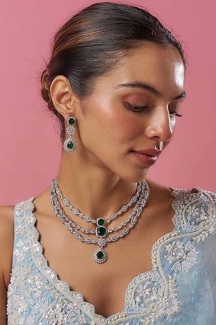 White Gold Finish Cubic Zirconia & Green Stone Layered Necklace Set by Minaki at Pernia's Pop Up Shop