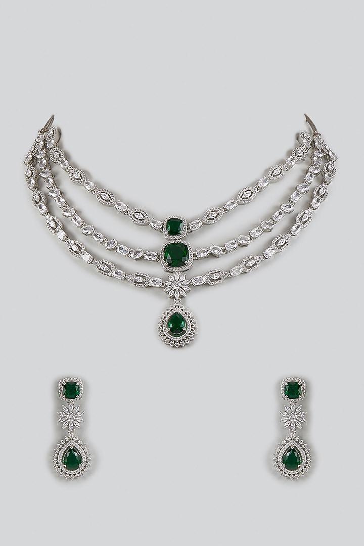 White Gold Finish Cubic Zirconia & Green Stone Layered Necklace Set by Minaki at Pernia's Pop Up Shop