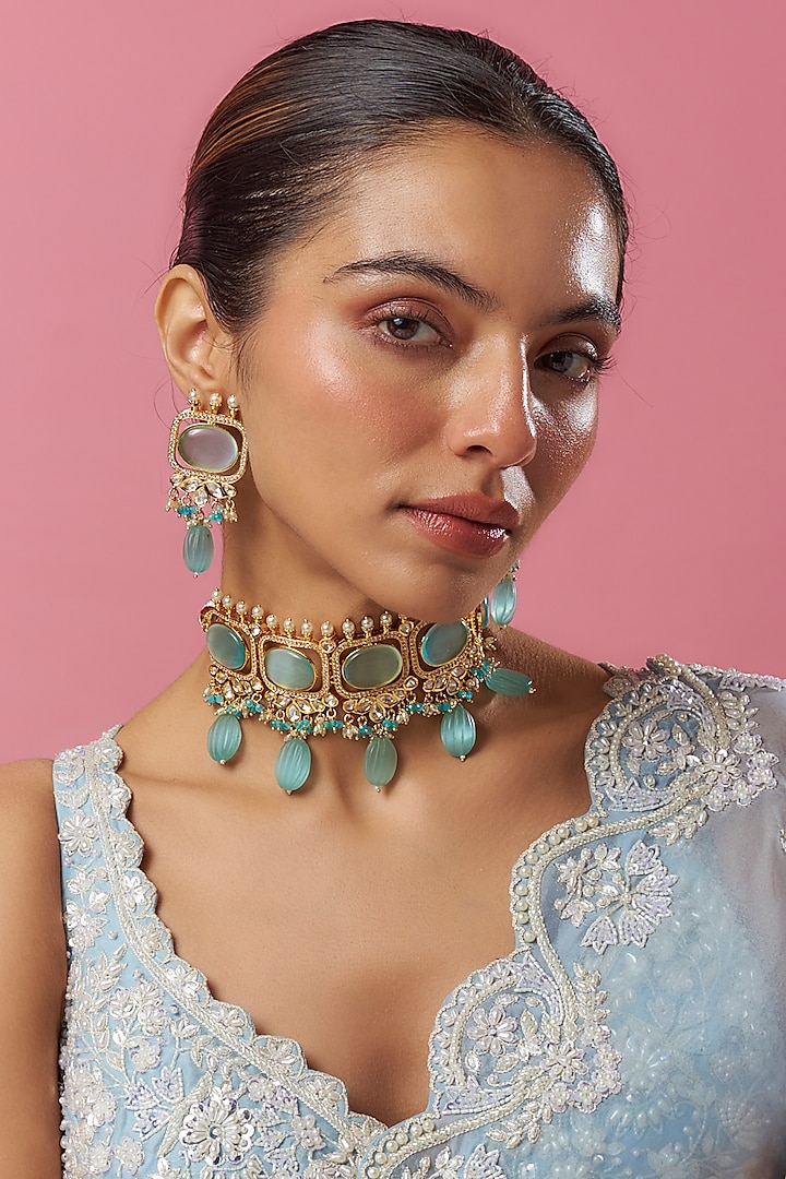 Gold Plated Kundan Polki & Sky Blue Beaded Choker Necklace Set by Minaki at Pernia's Pop Up Shop